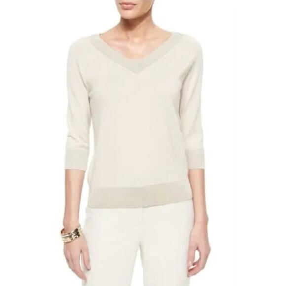 ST. JOHN | Cream Wool Silk Blend V Neck Lightweight 3/4 Sleeve Sweater | Medium - Picture 1 of 9